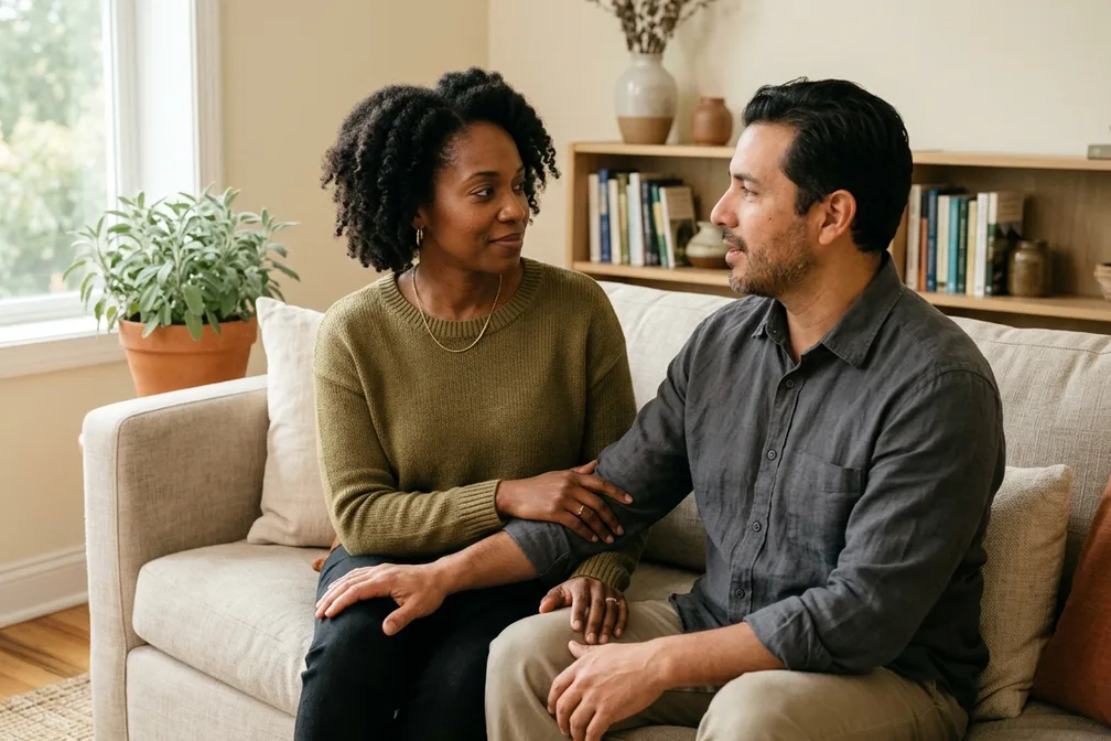 Couple sitting together in a calm therapy setting