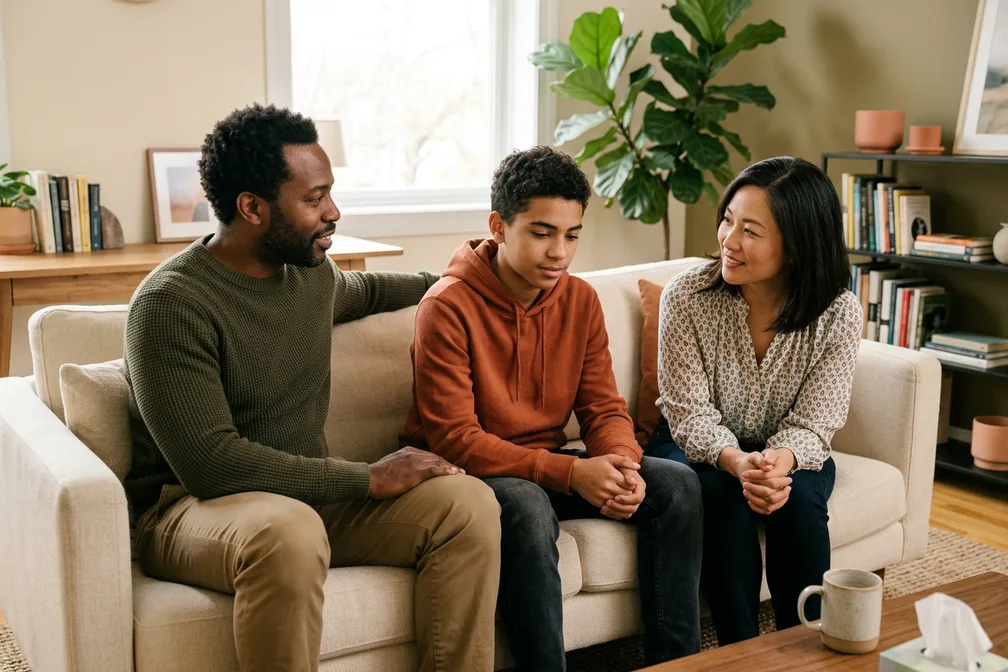 Family seated together in a calm therapy office