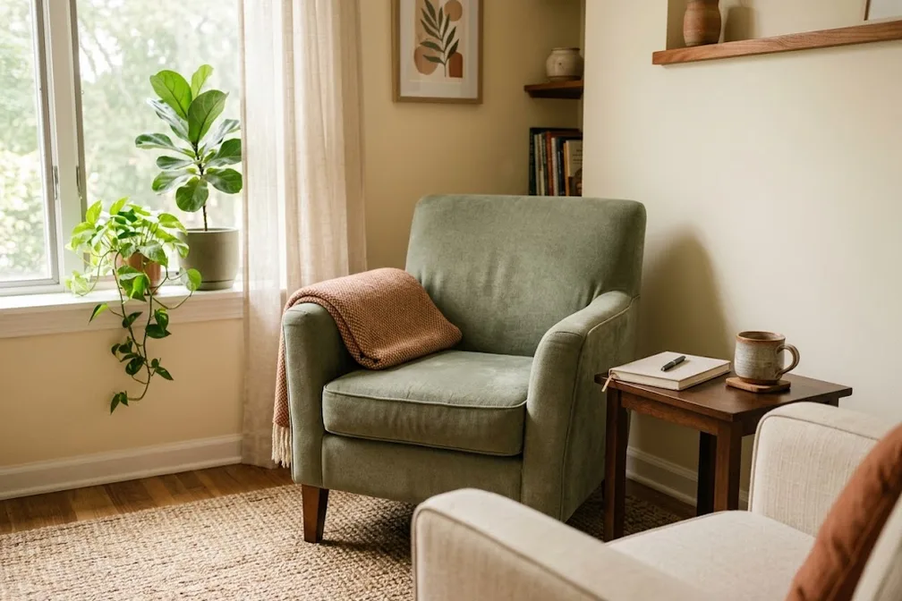 Comfortable therapy chair beside a small table and plant